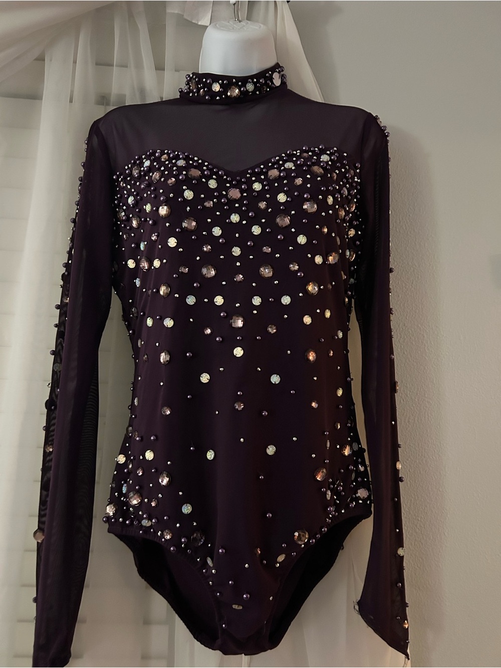 Purple Embellished Long-Sleeve Dance Leotard